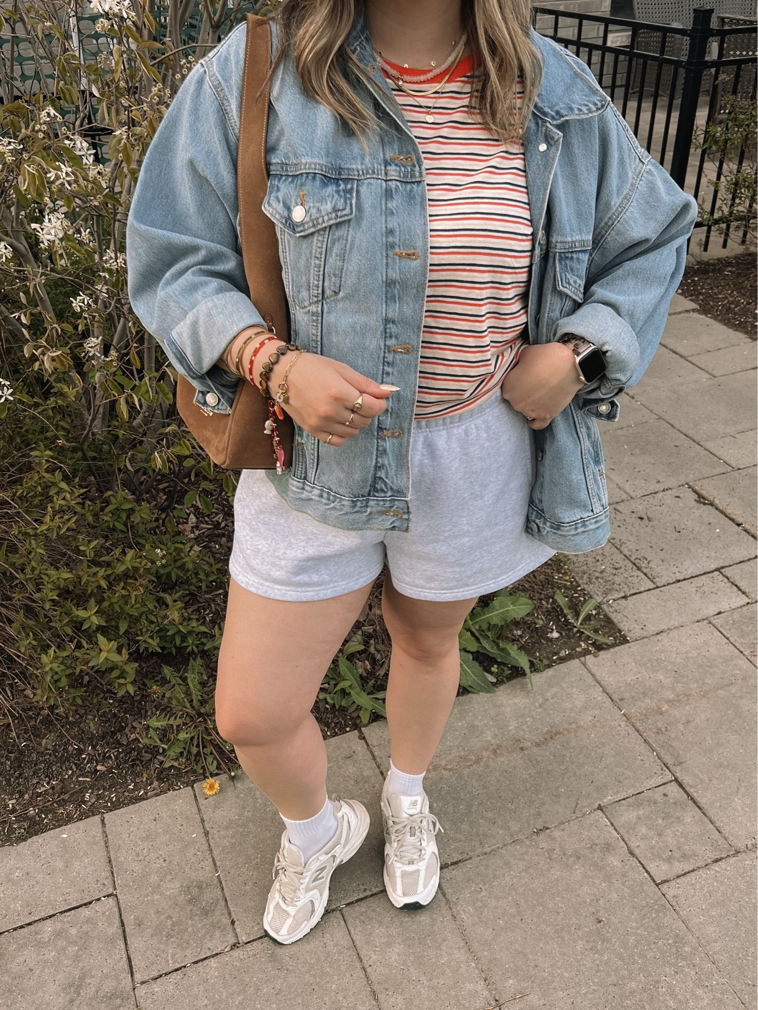 OOTD for a walk! Wearing my usual L in the sweatshorts. Sized up to XL in the striped tee cause I have a larger chest. Also sized up to XL in the denim jacket for an oversized fit. New Balance sneakers are super comfy but run big, I’m a 9.5-10 and wear a 9.

#LTKsummer #LTKmidsize #LTKstyletip