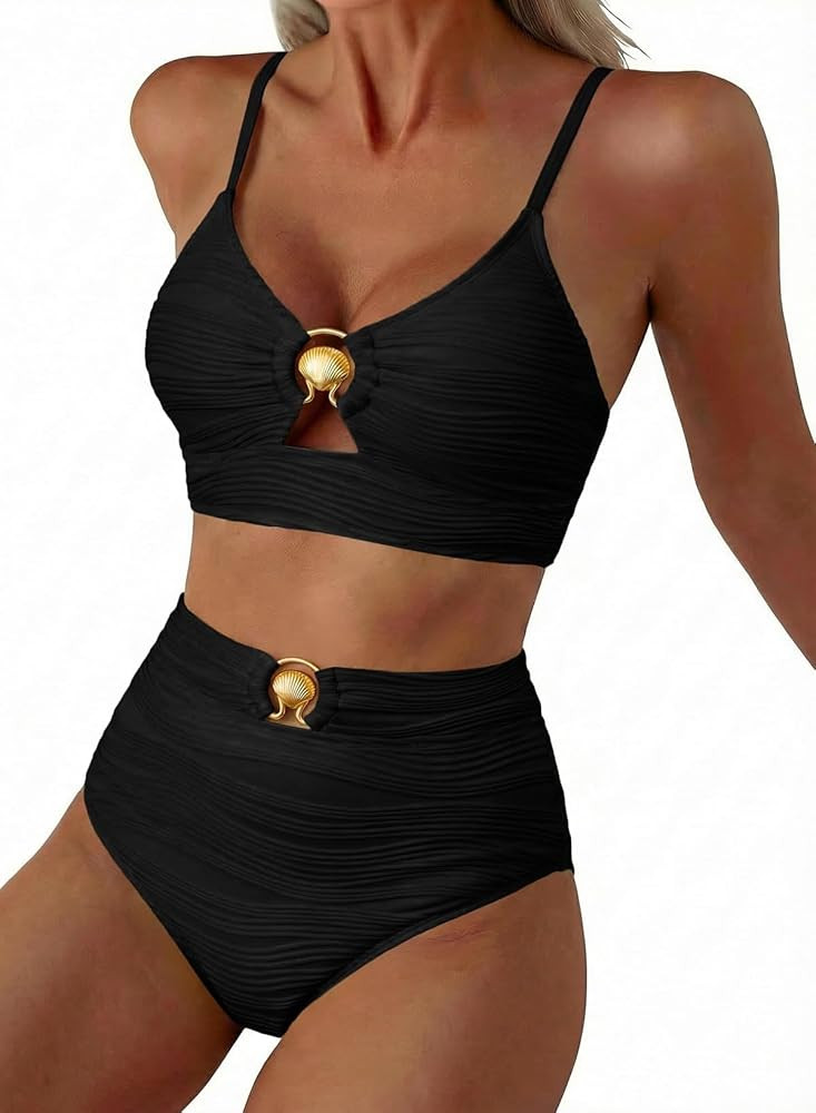 Herseas Womens 2 Piece Bikini Sets High Waisted Metal Ring Textured Swimsuit 2026 Summer Bathing ... | Amazon (US)