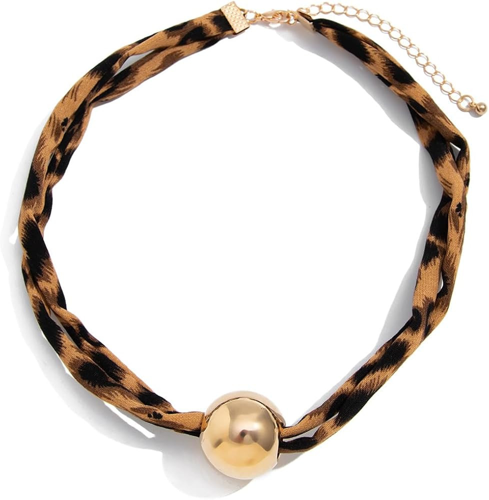 PLOUTOS Trendy Boho Leopard Fabric Choker Necklace for Women Gold Sphere Pendant Adjustable Knot ... | Amazon (US)