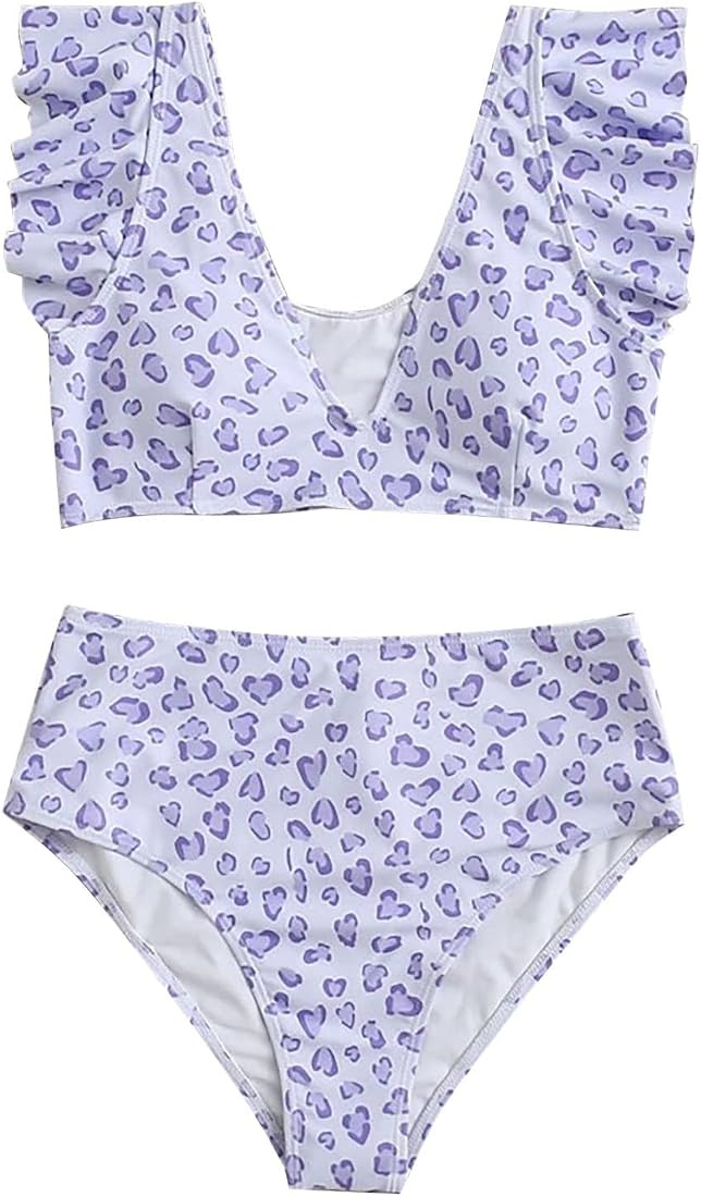 Women Ruffle High Waist Swimsuit Two Pieces Push Up Tropical Print Bikini Women Swim Suits Summer Sw | Amazon (US)