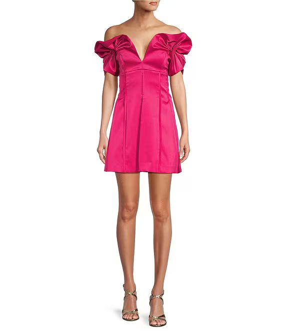 Adina Textured Satin V Neck Puff Sleeve Mini Dress | Dillard's