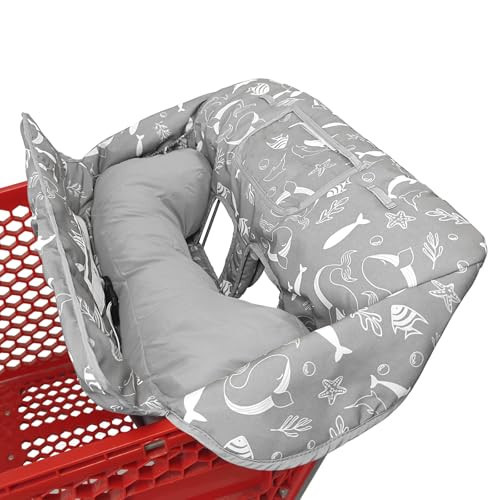 Soft Pillow Attached 2-in-1 Shopping Cart and High Chair Cover for Baby, Cotton Padded Cart Cover, Fold'n Roll Style, Portable with Carry Bag (Gray Seaworld) | Amazon (US)