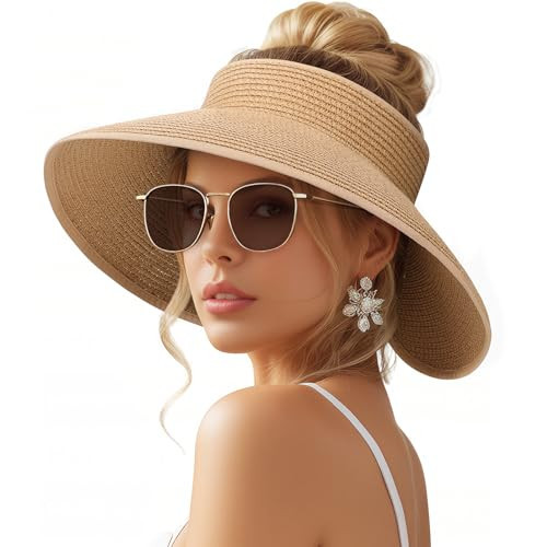 Sun Visor Hats for Women, Wide Brim Straw Beach Ponytail Hats, UPF 50+ Summer Packable Foldable Roll up Topless Hat | Amazon (US)