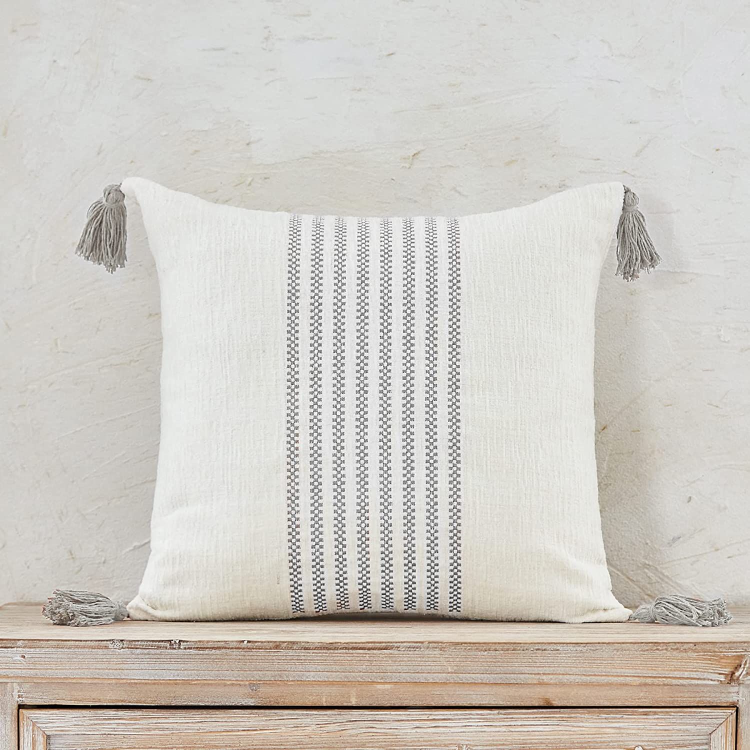 Pack of 2 Boho Light Grey Embroidery Striped Throw Pillow Cover, Soft Chenille Pillowcase with Ta... | Amazon (US)