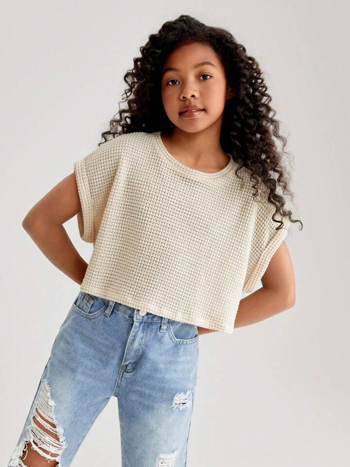 Tween Girl Casual Knitted Solid Color Round Neck Short Sleeve Top, Spring/Summer | SHEIN USA | SHEIN