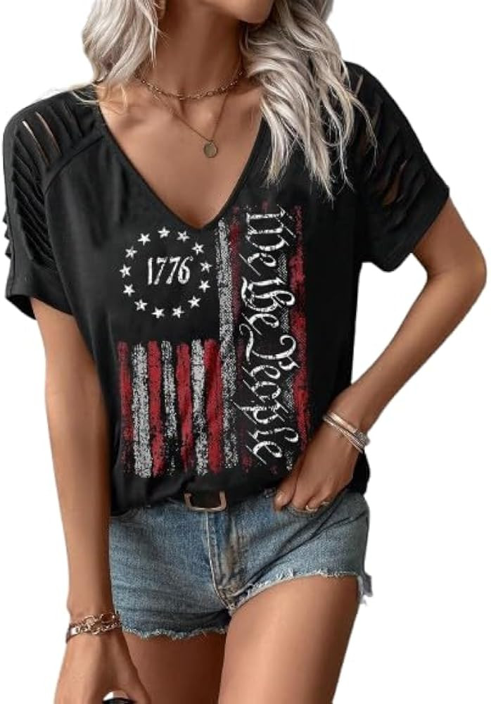 Women's July 4th Patterned USA Flag Patriotic T-Shirt 1776 Retro Casual Shirt Summer Casual Loose... | Amazon (US)