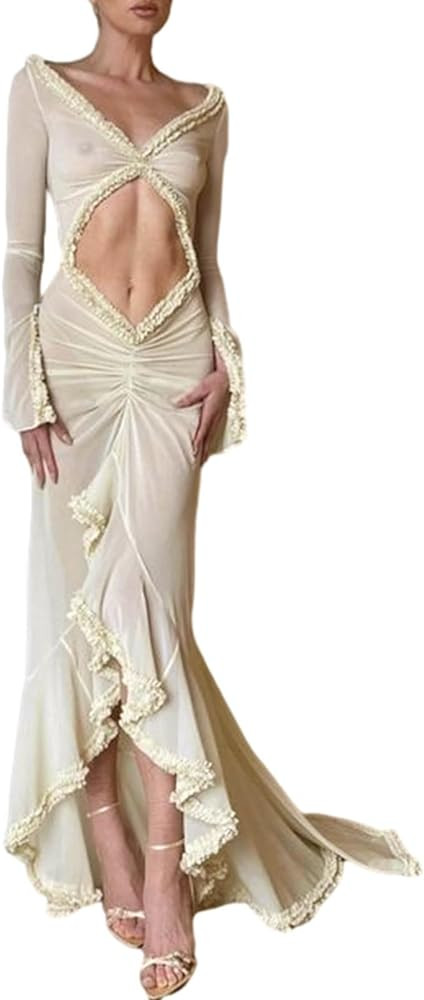 Women Sexy Mesh Sheer Maxi Dress Y2k Floral See Through Low Cut Backless Bodycon Fitted Long Dres... | Amazon (US)