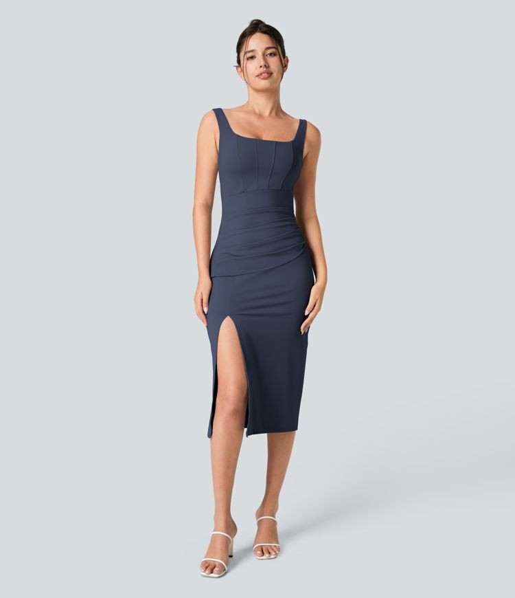 Women’s Square Neck Backless Corset Ruched Split Bodycon Midi Casual Dress - Halara | HALARA