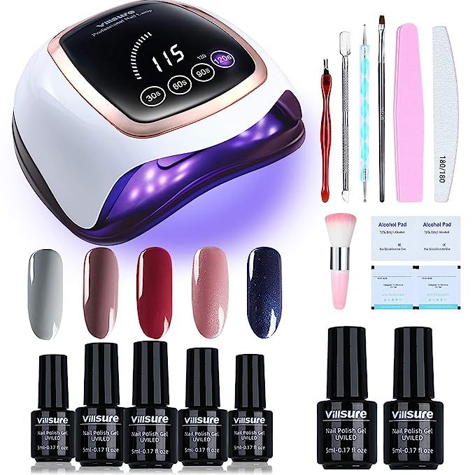 Gel Nail Polish Kit Villsure All-in-One 5 Colors Gel Nail Kit with 168W UV LED Nail Lamp, Base & ... | Amazon (US)