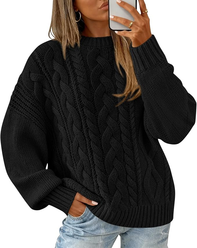 BTFBM Women's Oversized Cable Knit Sweater Crew Neck Pullover | Batwing Long Sleeve Tops,Chunky K... | Amazon (US)