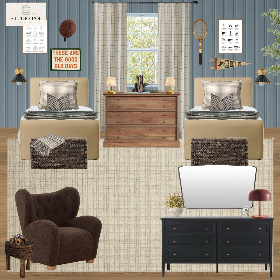 Kids bedroom!

Boys bedroom, shared bedroom, blue paint, shiplap, dresser, red lamp, upholstered bed, twin bed, accent chair, tree