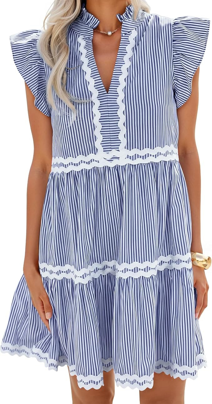 ZESICA Women's Summer Casual Mini Dress 2026 V Neck Flutter Short Sleeve Striped Ruffle A Line Be... | Amazon (US)