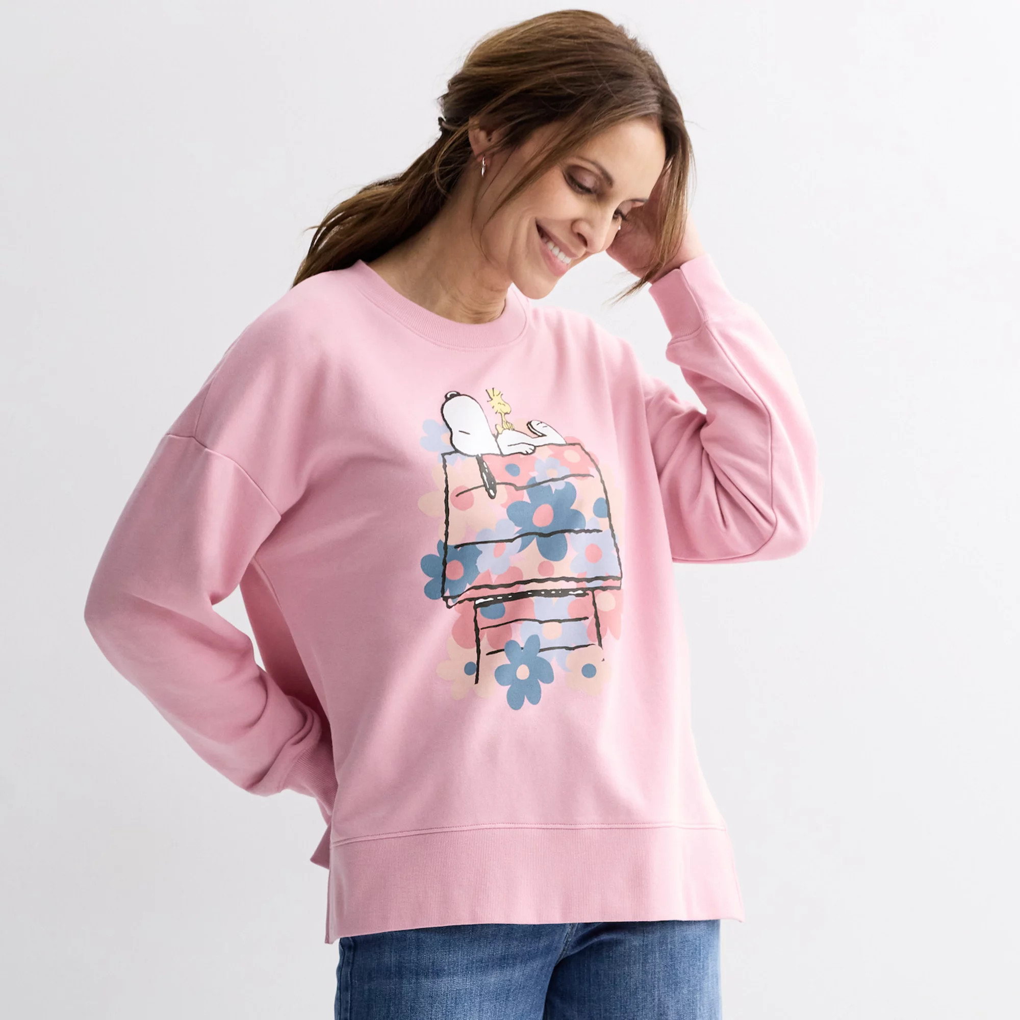 Women's Peanuts Snoopy & Woodstock Floral Doghouse Graphic French Terry Pullover | Kohl's