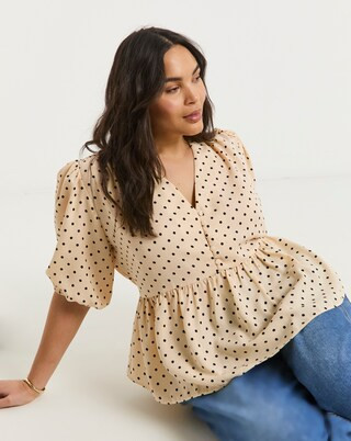 Spot Print Button Through Peplum Blouse | Simply Be (UK)