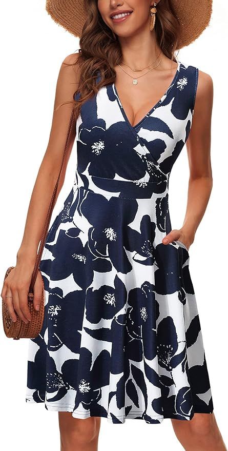 GUBERRY Womens Wrap V Neck Sleeveless Sundress Summer Flare Tank Dress with Pockets | Amazon (US)