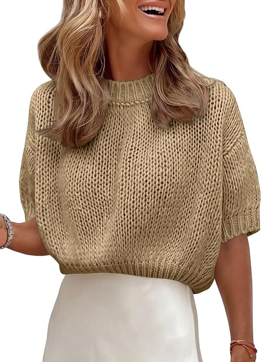 ANRABESS Womens Short Sleeve Crewneck Summer Sweater Crop Top | Cropped Loose Fit Pullover, Chunk... | Amazon (US)