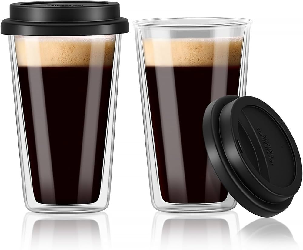 Double Walled Glass Coffee Mugs with Silicone Lids,12 OZ 2 Packs Insulated Drinking Coffee Cups w... | Amazon (US)