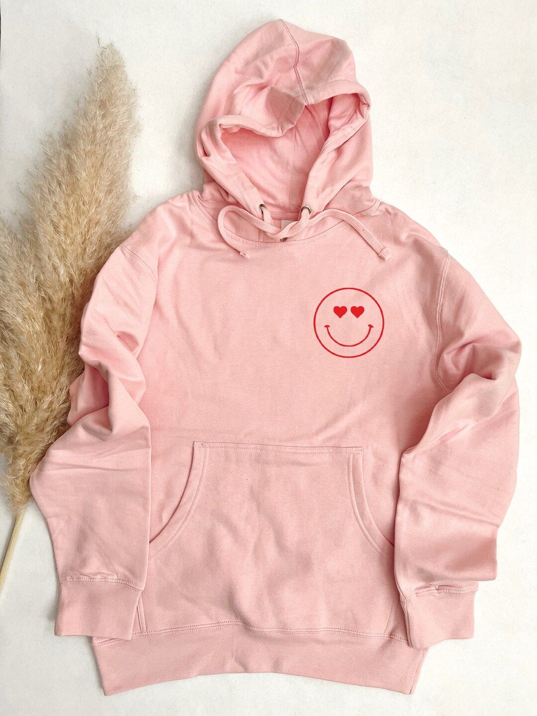 Pink Unisex Hoodie with red heart eyes Smiley Face | Adult Valentine's Day Sweatshirt with Heart ... | Etsy (US)