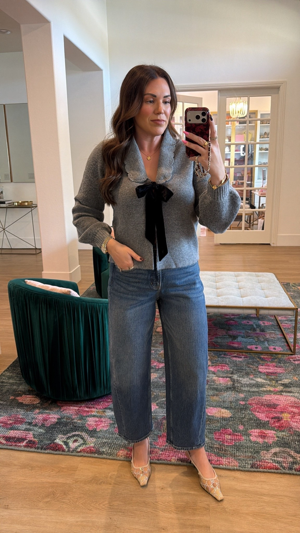 curvy midsize fall look! wearing size medium in gray and black bow sweater (soo soft!) and size medium in barrel denim

#LTKSeasonal #LTKMidsize