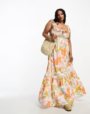 ASOS DESIGN Curve ruffle maxi sundress with lace inserts in retro floral | ASOS (Global)