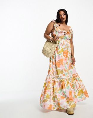 ASOS DESIGN Curve ruffle maxi sundress with lace inserts in retro floral | ASOS (Global)