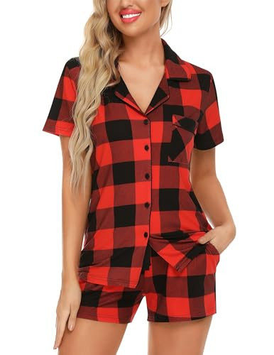 Pjmlifecoco Modal Pajamas Set for Women Short Sleeve Cozy Pjs Christmas Plaid Soft Lounge Sets Two Piece Sleepwear | Amazon (US)
