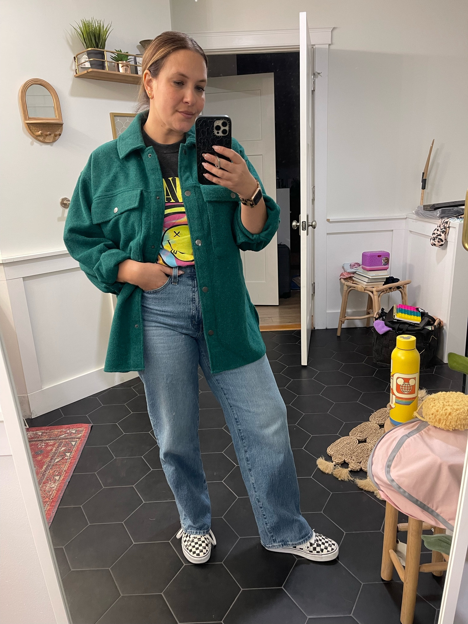 Madewell jeans, target graphic tee, fall shacket. Midsize outfit. 

#LTKunder100 #LTKSeasonal #LTKcurves