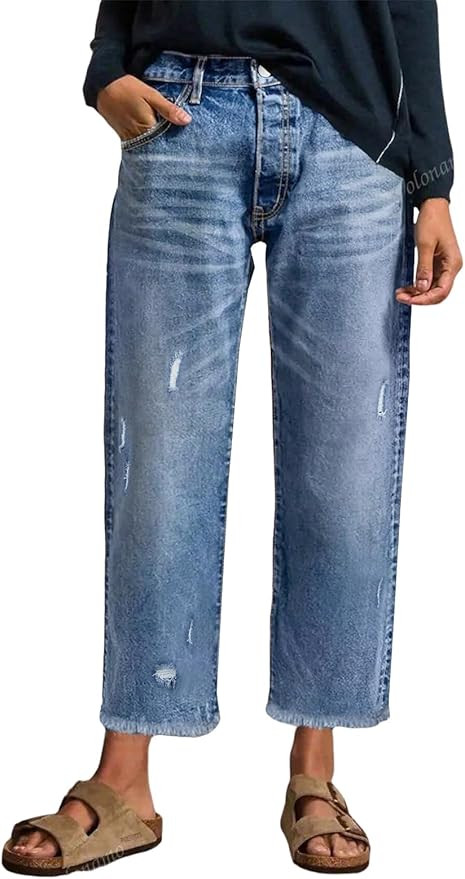 EVALESS Jeans for Women Stretchy Distressed Washed Straight Leg Frayed Raw Hem Denim Ankle Pants ... | Amazon (US)
