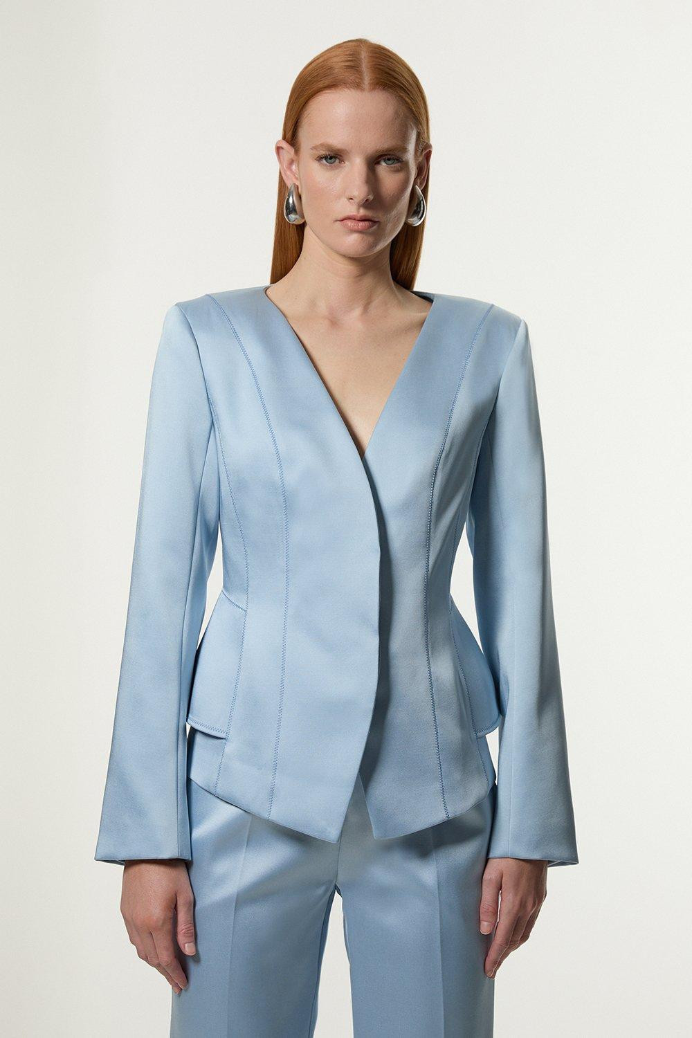 Structured Viscose Satin Stitch Detail Tailored Peplum Blazer | Karen Millen UK + IE + DE + NL