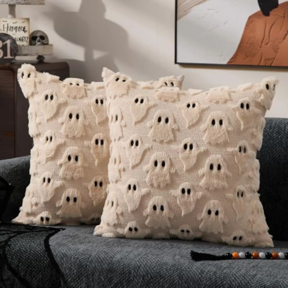 Halloween Pillow Covers 20X20 Inch Ghost Decor Beige Throw Pillow Covers Soft Plush Faux Fur Couc... | Wayfair North America