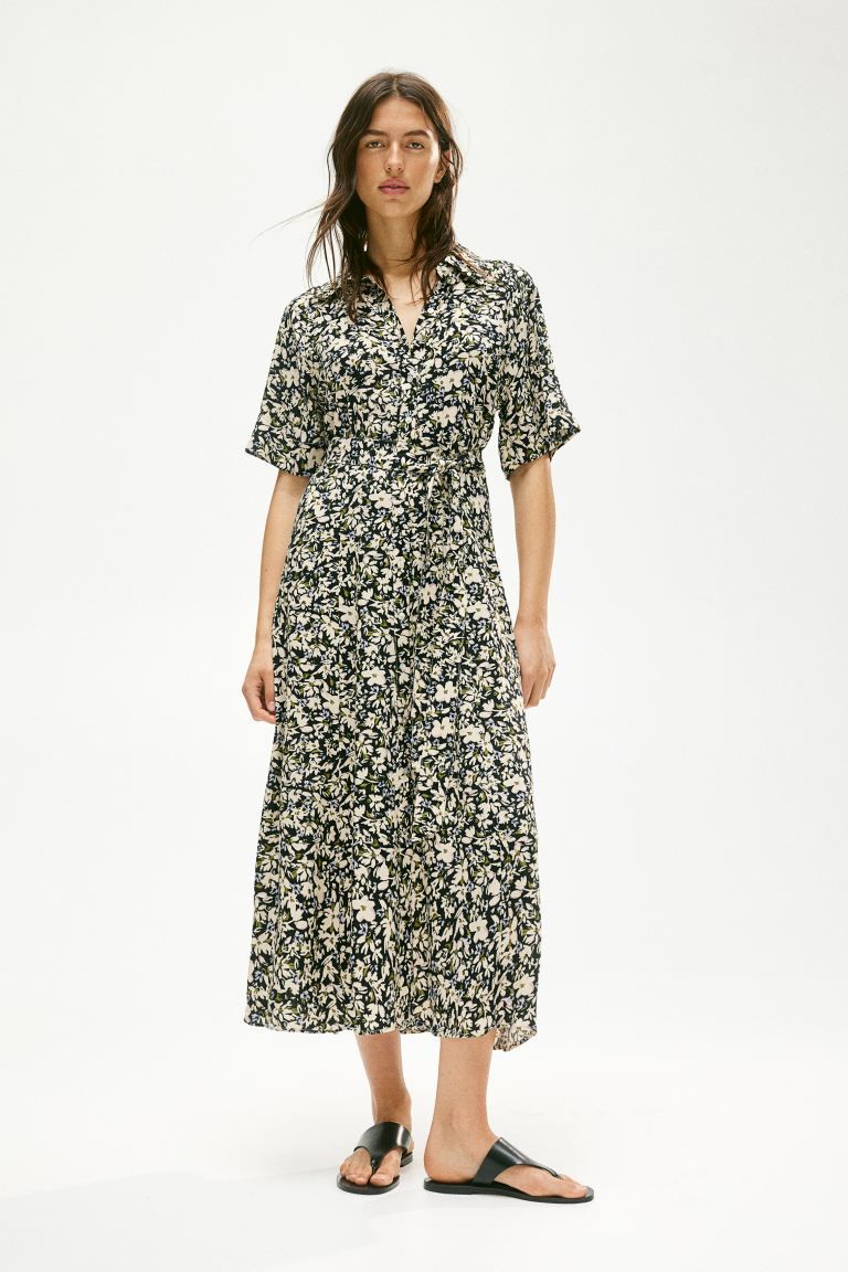 Tie-belt Shirt Dress - Short sleeve - Midi - Black/floral - Ladies | H&M US | H&M (US + CA)