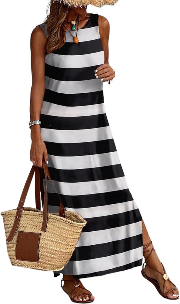 BLENCOT Women's Summer Sleeveless Striped Racerback Long Dress Casual Beach Maxi Tank Dresses | Amazon (US)