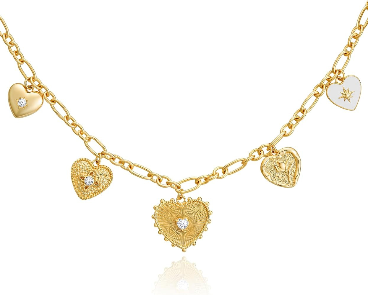 Cicy Bell 18K Gold Plated Necklace for Women Chunky Charm Necklace Diamond Love Heart Sun Charms ... | Amazon (US)