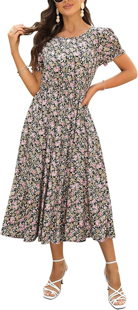 NAVINS Women Floral Print Puff Sleeve Tiered A-Line Swing Midi Dress with Pockets NA1002 | Amazon (US)