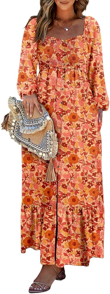 Dokotoo Spring Dresses for Women 2025 Boho Floral Smocked Square Neck Long Sleeve Button Down Bea... | Amazon (US)