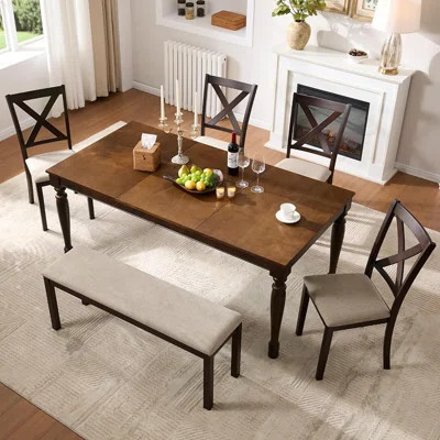 Farmhouse Dining Table Set, Solid Wood Table With Upholstered Chairs & Bench, Seating For 6, For Kitchen Or Dining Room, Brown | Wayfair North America