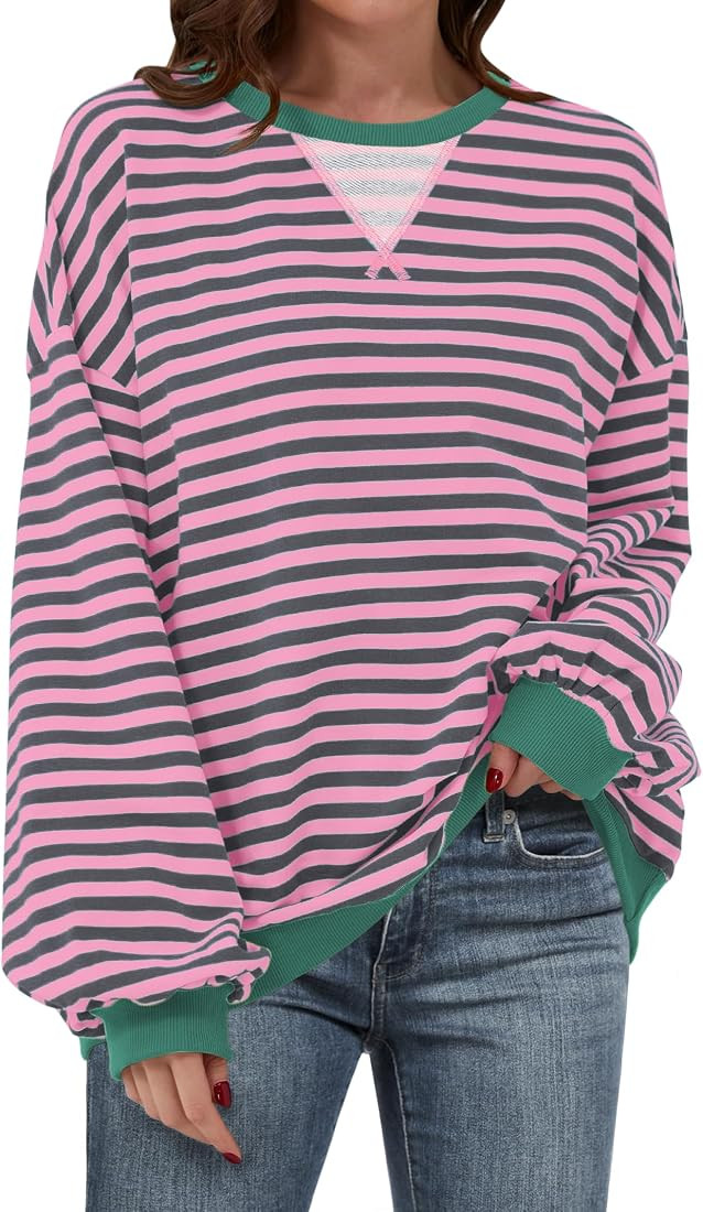 ANRABESS Women Striped Oversized Sweatshirt Long Sleeve Crewneck Shirts 2024 Fall Fashion Pullove... | Amazon (US)