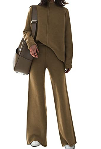 VamJump Women's 2 Piece Outfits Lounge Sets Long Sleeve High Neck Sweater Top Wide Leg Pants Sweatsuit Sets, Brown L | Amazon (US)