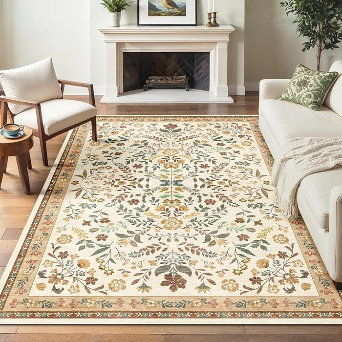Floral Washable Rug 5' x 8' Beige Area Rugs for Bedroom Low Pile Faux-Wool Carpet Ultra Soft Non-... | Amazon (US)