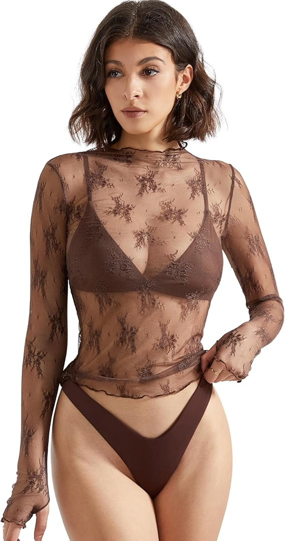 SUUKSESS Women Sexy Mesh Sheer Long Sleeve Tops Mock Neck Going Out Lace Shirts | Amazon (US)