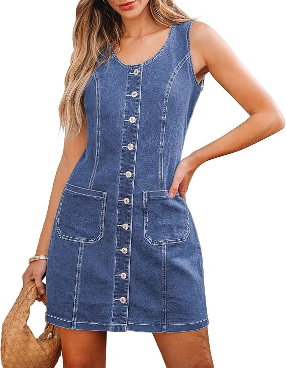 luvamia Denim Dresses for Women Sleeveless Stretchy Jean Summer Casual Western Short Button Down ... | Amazon (US)