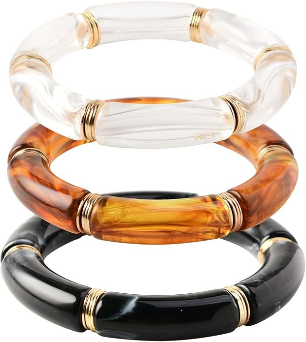 GOOJIDS Bamboo Tube Bangles Bracelet Chunky Curved Stacking Clear Acrylic Colorful Beads Stretcha... | Amazon (US)