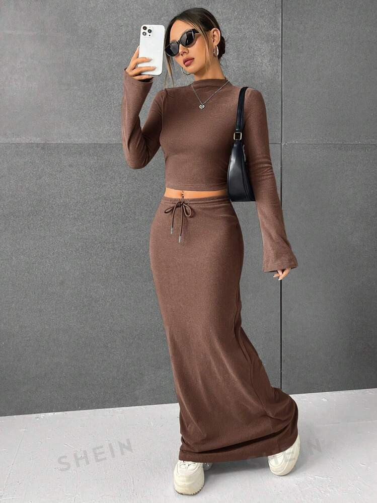 SHEIN EZwear Ladies' Solid Color Blouse & Skirt Set | SHEIN