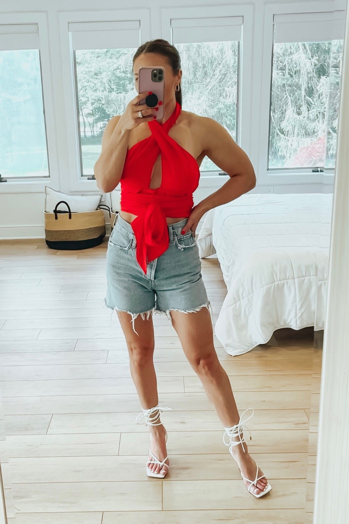 Loving these asymmetrical denim shorts for summer! 

White lace up heels run 1/2 size small. Shorts run 1 size big. Crop is true to size but you can also go down 1 size. The xs and small bath fit me the same. 

#LTKshoecrush #LTKstyletip #LTKFind