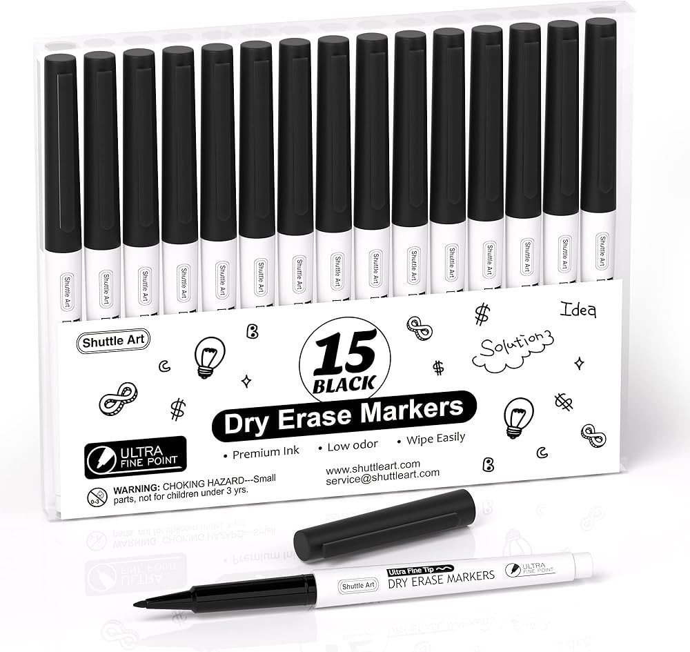 Shuttle Art Ultra Fine Dry Erase Markers, 15 Pack Black Whiteboard Markers with Erase, Dry Erase ... | Amazon (US)