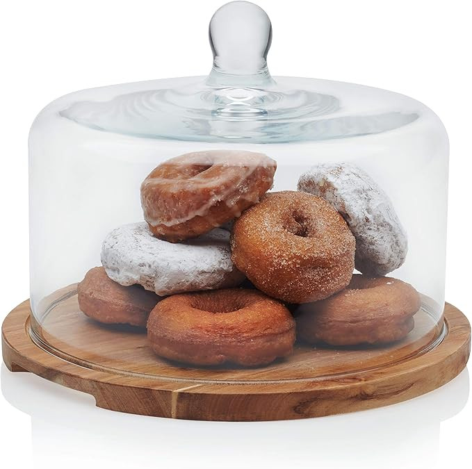 Libbey Acaciawood Flat Round Wood Server Cake Stand with Glass Dome | Amazon (US)