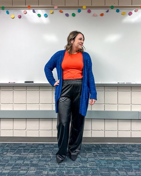 Winter is not over here in Iowa. Layers and fun pants today. 

I’m in a large in the faux leather wide leg pants 

#LTKworkwear #LTKfindsunder50 #LTKstyletip