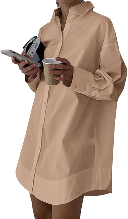 LYANER Women's Casual Shirt Dress Collar V Neck Button Down Loose Long Sleeve Mini Dresses | Amazon (US)
