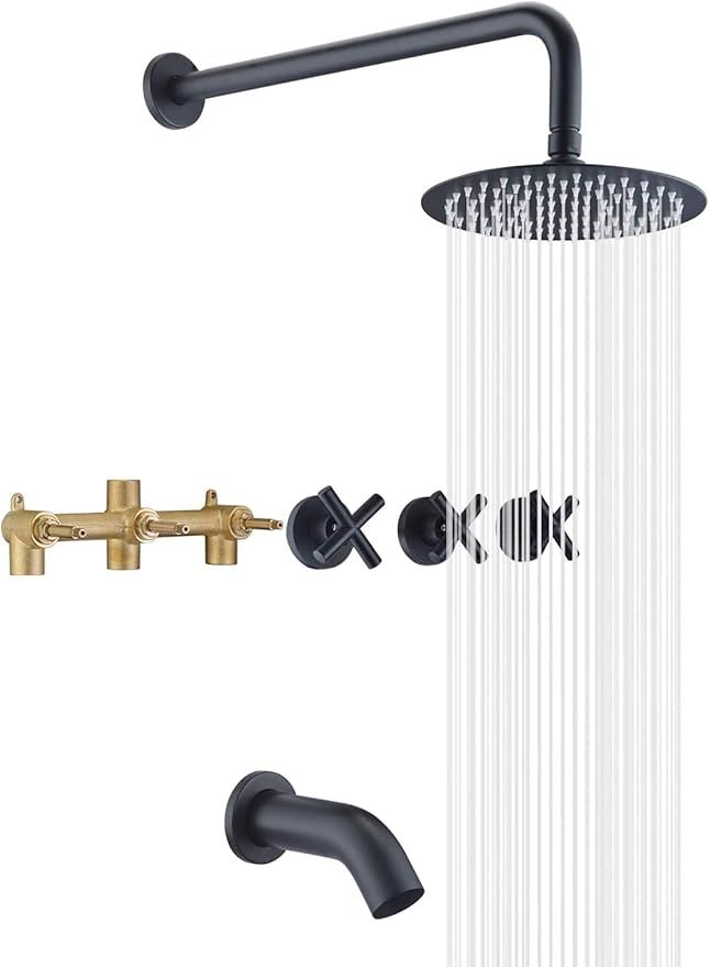 3 Handle Tub Shower Faucet,Matte Black Bathtub Faucet Set with Waterfall Tub Spout,Tub and Shower... | Amazon (US)