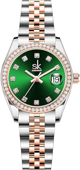 SHENGKE Women's Crystal Accented with Solid Alloy Steel Band Watch Elegant Dress Quartz Calendar ... | Amazon (US)